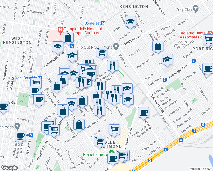 map of restaurants, bars, coffee shops, grocery stores, and more near 2623 Trenton Avenue in Philadelphia