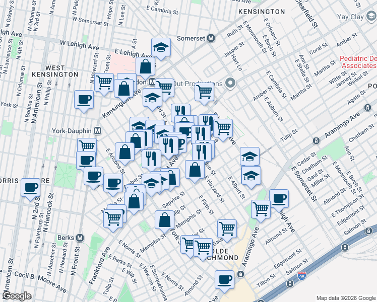 map of restaurants, bars, coffee shops, grocery stores, and more near 2111 East Sergeant Street in Philadelphia
