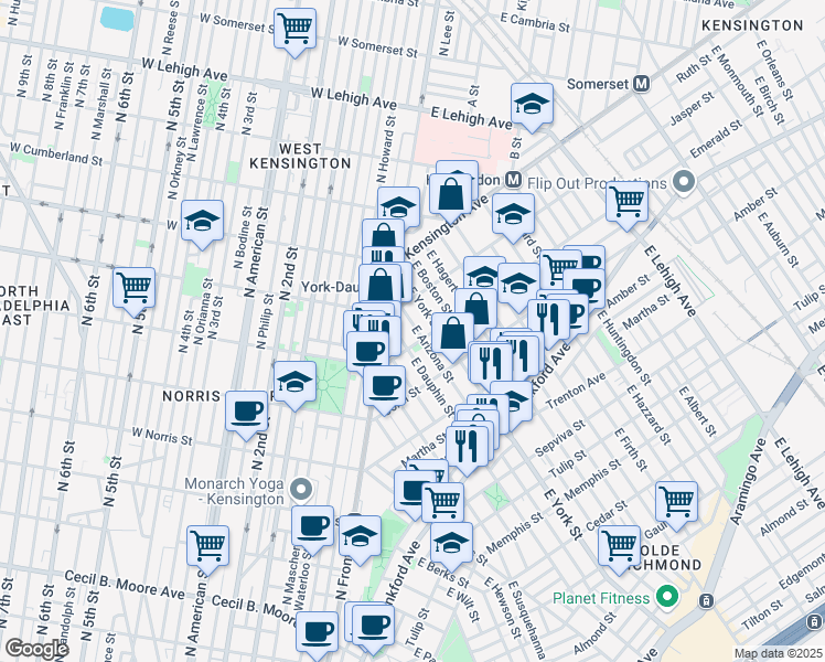 map of restaurants, bars, coffee shops, grocery stores, and more near 2001 East Arizona Street in Philadelphia