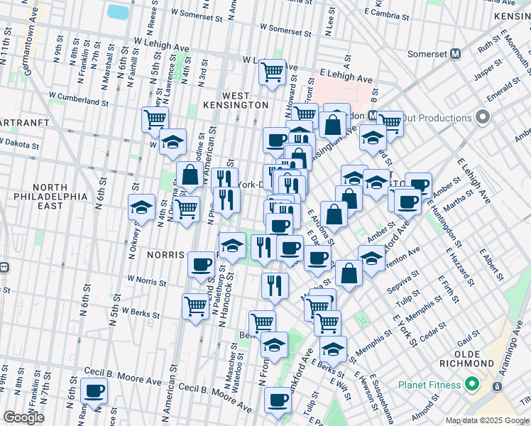 map of restaurants, bars, coffee shops, grocery stores, and more near 2231 Waterloo Street in Philadelphia