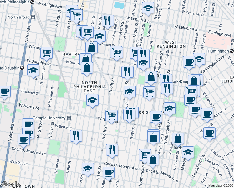map of restaurants, bars, coffee shops, grocery stores, and more near 2142 North Reese Street in Philadelphia