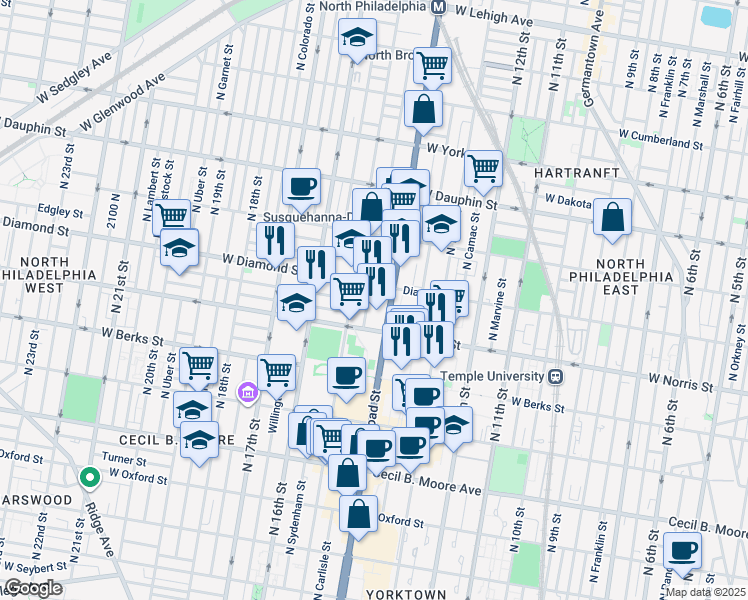 map of restaurants, bars, coffee shops, grocery stores, and more near 2029 North Carlisle Street in Philadelphia