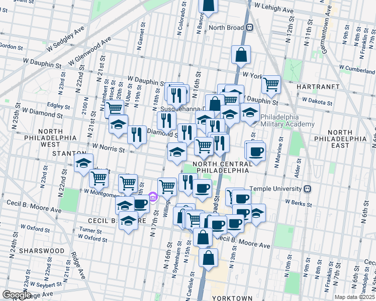 map of restaurants, bars, coffee shops, grocery stores, and more near 1602 Page Street in Philadelphia
