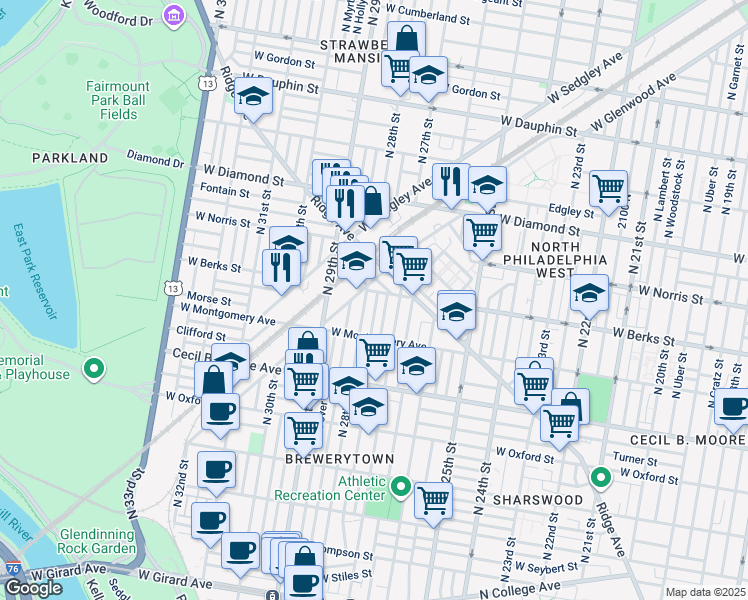 map of restaurants, bars, coffee shops, grocery stores, and more near 1838 North 28th Street in Philadelphia