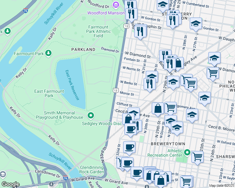 map of restaurants, bars, coffee shops, grocery stores, and more near in Philadelphia