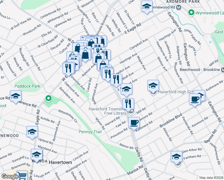 map of restaurants, bars, coffee shops, grocery stores, and more near 1900 Darby Road in Havertown
