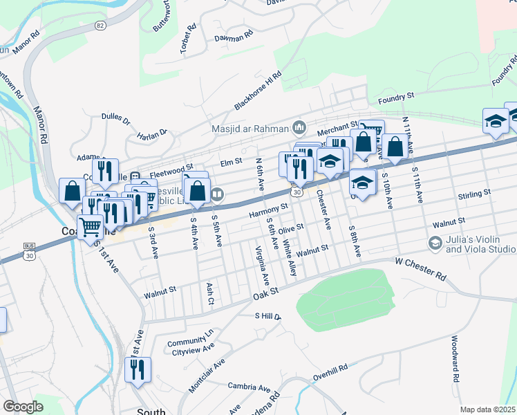 map of restaurants, bars, coffee shops, grocery stores, and more near 22 South 6th Avenue in Coatesville