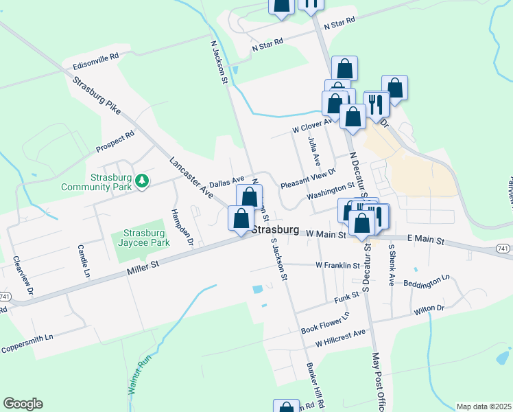 map of restaurants, bars, coffee shops, grocery stores, and more near 13 North Jackson Street in Strasburg