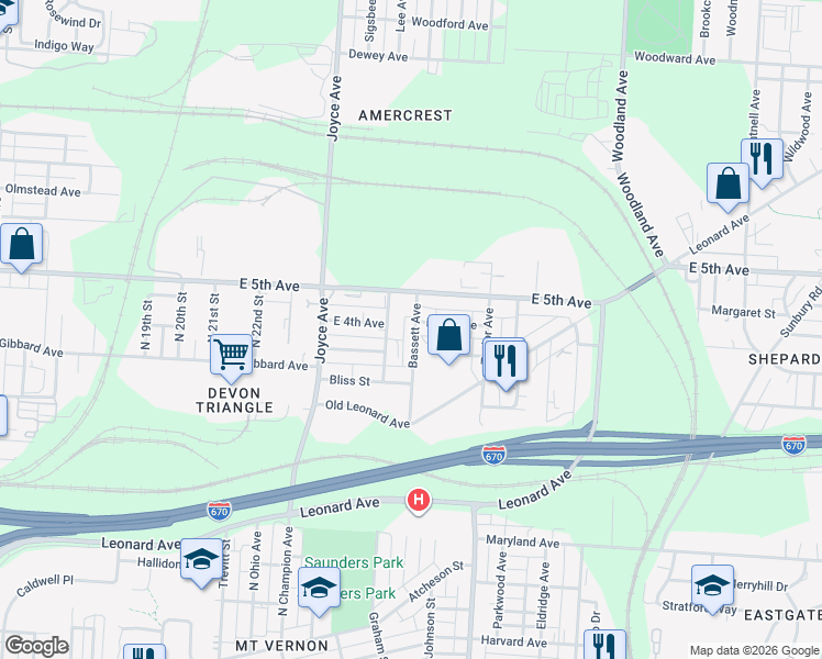 map of restaurants, bars, coffee shops, grocery stores, and more near 843 Bassett Avenue in Columbus