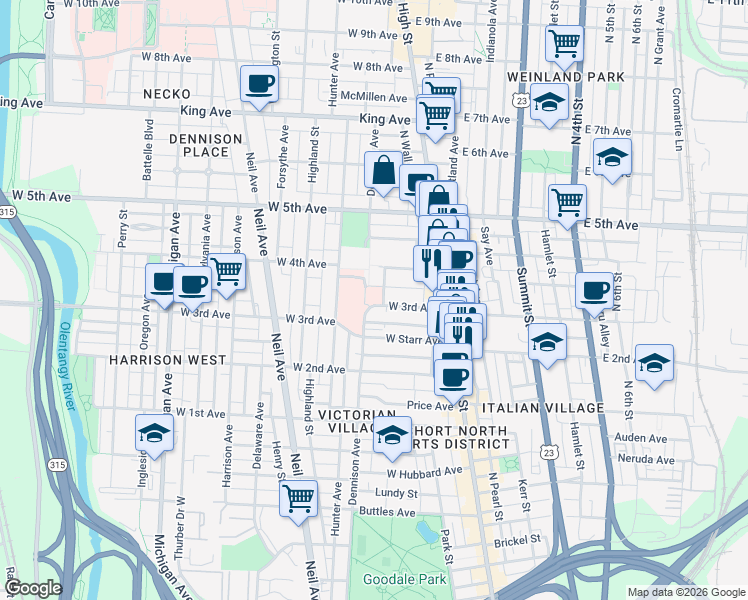 map of restaurants, bars, coffee shops, grocery stores, and more near 1087 Dennison Avenue in Columbus