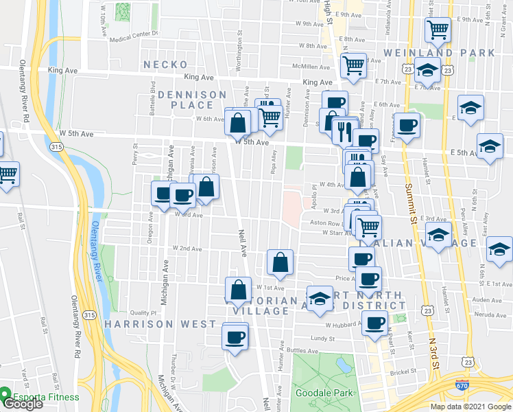 map of restaurants, bars, coffee shops, grocery stores, and more near 1097 Highland Street in Columbus