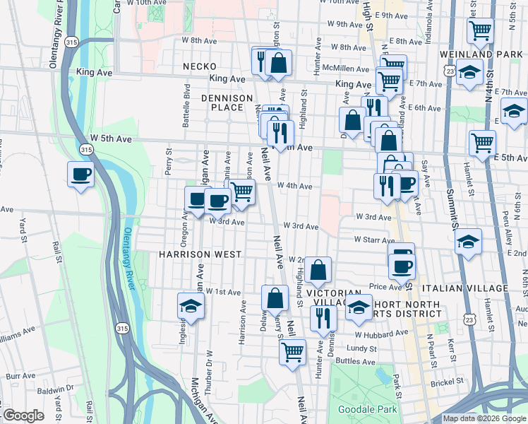 map of restaurants, bars, coffee shops, grocery stores, and more near 1103 Neil Avenue in Columbus
