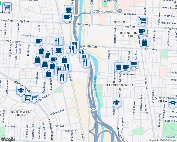 map of restaurants, bars, coffee shops, grocery stores, and more near 1160 Olentangy River Road in Columbus