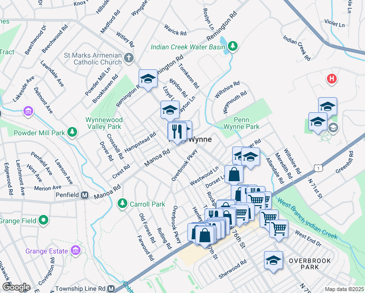 map of restaurants, bars, coffee shops, grocery stores, and more near 1440 Manoa Road in Wynnewood