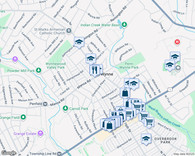map of restaurants, bars, coffee shops, grocery stores, and more near 1440 Manoa Road in Wynnewood
