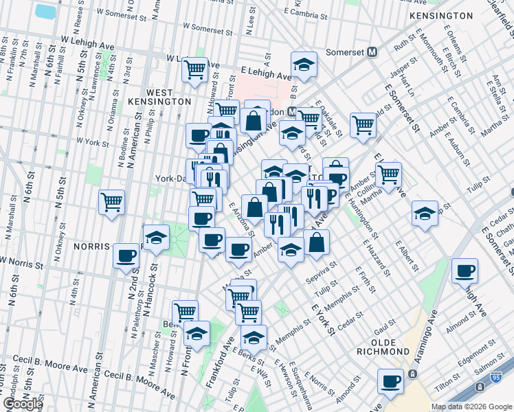 map of restaurants, bars, coffee shops, grocery stores, and more near 2032 East Boston Street in Philadelphia