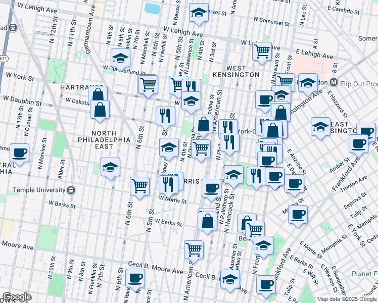map of restaurants, bars, coffee shops, grocery stores, and more near 319 West Susquehanna Avenue in Philadelphia