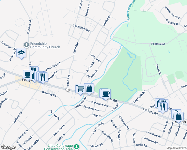 map of restaurants, bars, coffee shops, grocery stores, and more near 2017 Pineview Drive in York