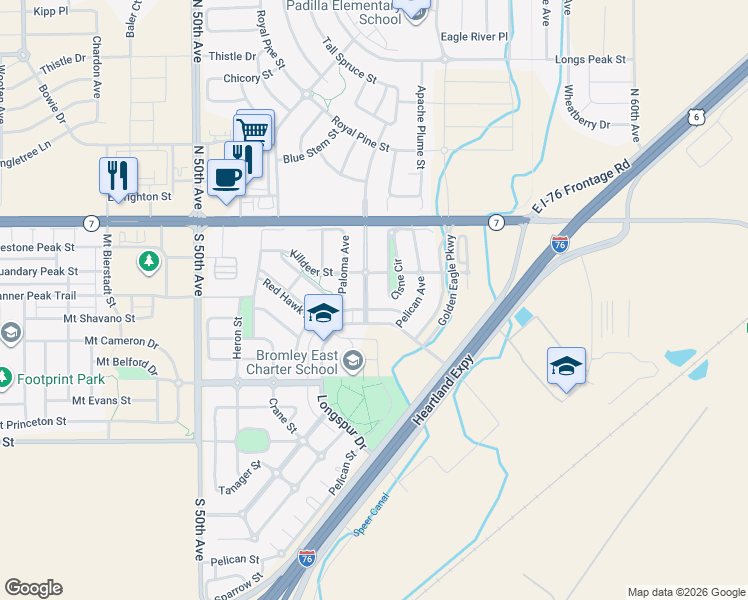 map of restaurants, bars, coffee shops, grocery stores, and more near 176 Prairie Falcon Parkway in Brighton