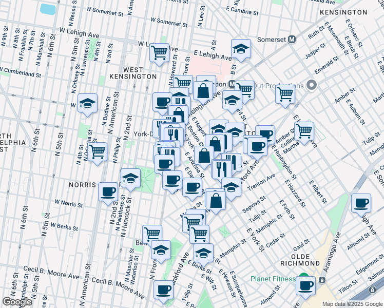 map of restaurants, bars, coffee shops, grocery stores, and more near 2334 Emerald Street in Philadelphia