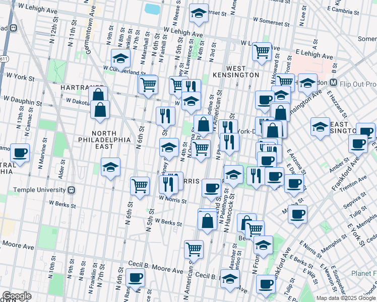 map of restaurants, bars, coffee shops, grocery stores, and more near 319 West Susquehanna Avenue in Philadelphia