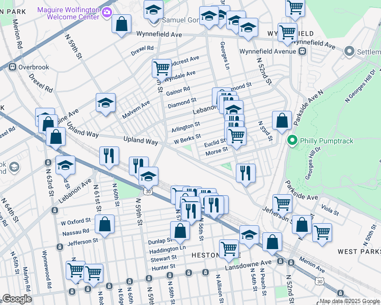 map of restaurants, bars, coffee shops, grocery stores, and more near 5621 Upland Way in Philadelphia