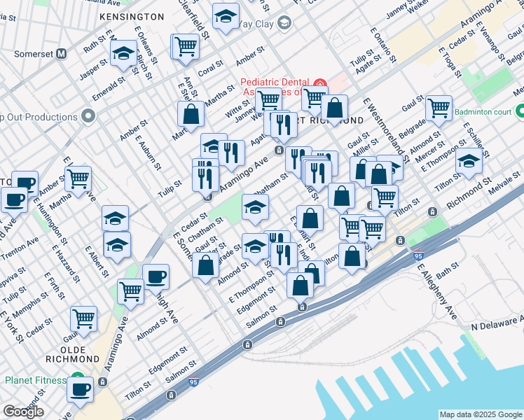 map of restaurants, bars, coffee shops, grocery stores, and more near 2989 Gaul Street in Philadelphia