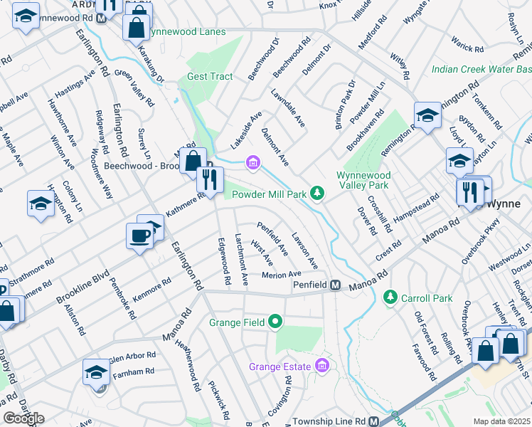 map of restaurants, bars, coffee shops, grocery stores, and more near 630 Penfield Avenue in Havertown