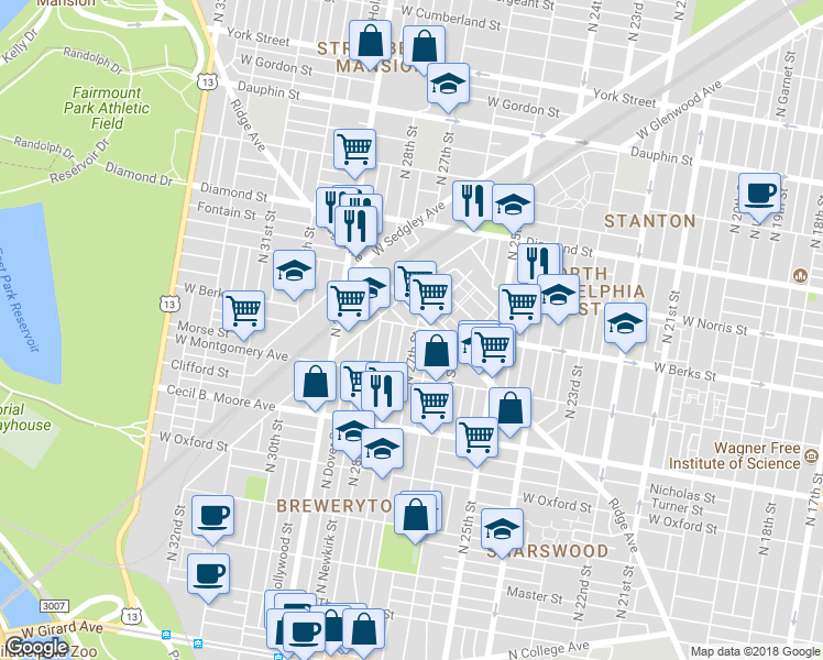 map of restaurants, bars, coffee shops, grocery stores, and more near 1860 North 27th Street in Philadelphia