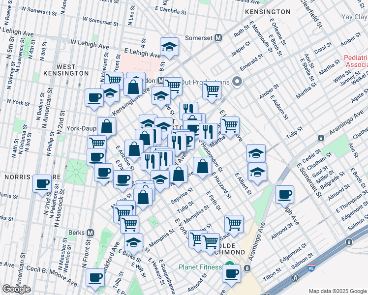 map of restaurants, bars, coffee shops, grocery stores, and more near 2074 East Sergeant Street in Philadelphia