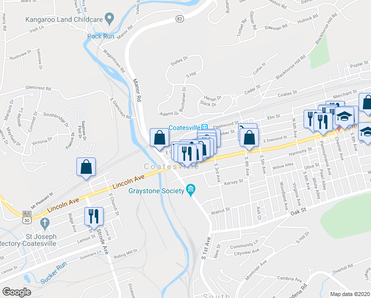 map of restaurants, bars, coffee shops, grocery stores, and more near 199 East Chestnut Street in Coatesville