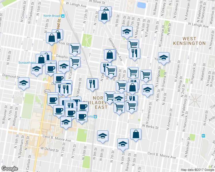 map of restaurants, bars, coffee shops, grocery stores, and more near 2133 North 9th Street in Philadelphia