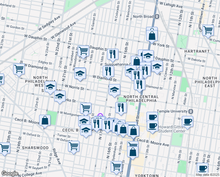 map of restaurants, bars, coffee shops, grocery stores, and more near 2017 North 17th Street in Philadelphia