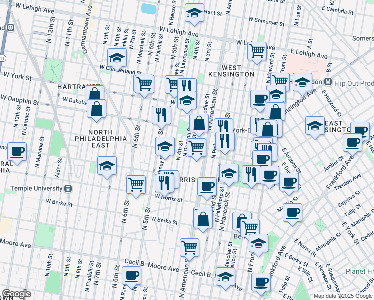 map of restaurants, bars, coffee shops, grocery stores, and more near 311 West Susquehanna Avenue in Philadelphia