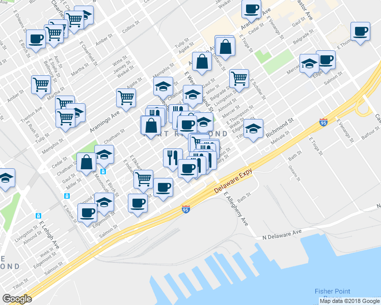 map of restaurants, bars, coffee shops, grocery stores, and more near 3189 East Thompson Street in Philadelphia