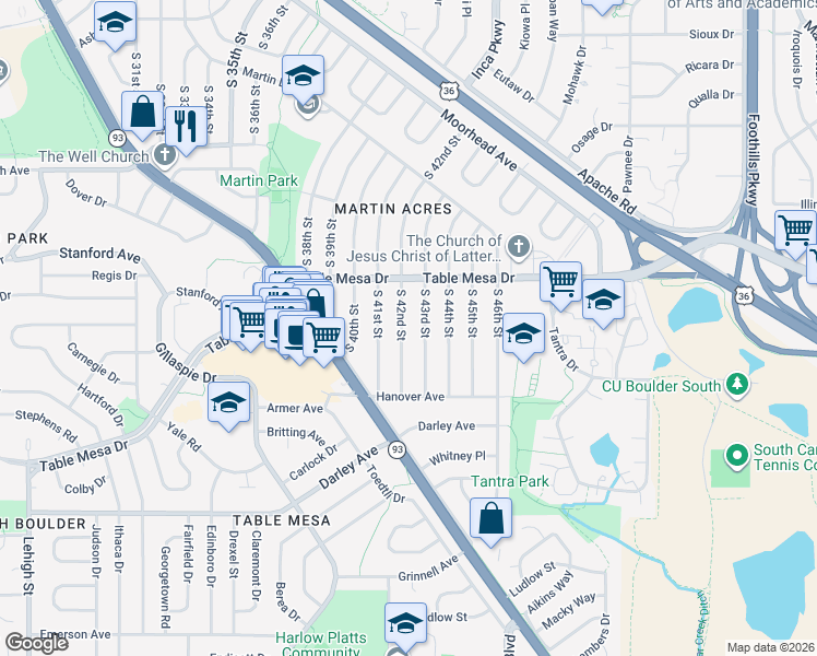 map of restaurants, bars, coffee shops, grocery stores, and more near 640 South 43rd Street in Boulder