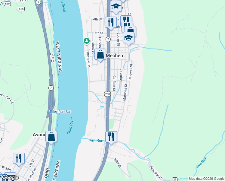 map of restaurants, bars, coffee shops, grocery stores, and more near Baltimore St in McMechen