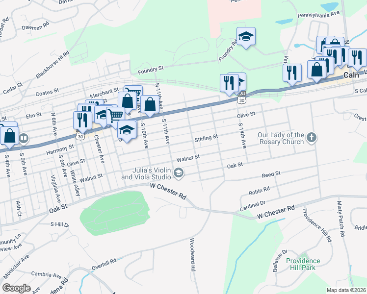 map of restaurants, bars, coffee shops, grocery stores, and more near 1107 Buttonwood Street in Coatesville