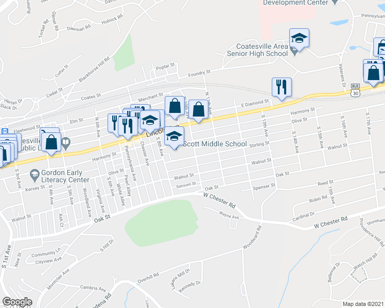 map of restaurants, bars, coffee shops, grocery stores, and more near 899 Stirling Street in Coatesville