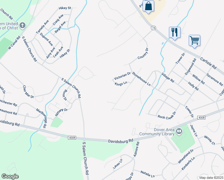 map of restaurants, bars, coffee shops, grocery stores, and more near 3844 Kings Lane in Dover