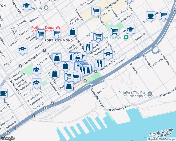 map of restaurants, bars, coffee shops, grocery stores, and more near 2718 East Madison Street in Philadelphia