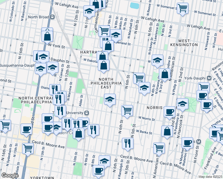 map of restaurants, bars, coffee shops, grocery stores, and more near 2127 North 7th Street in Philadelphia