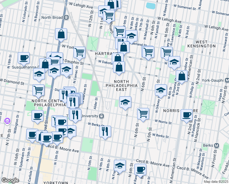 map of restaurants, bars, coffee shops, grocery stores, and more near 2133 North 9th Street in Philadelphia