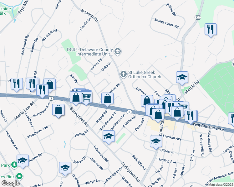 map of restaurants, bars, coffee shops, grocery stores, and more near 14 West Garden Road in Broomall