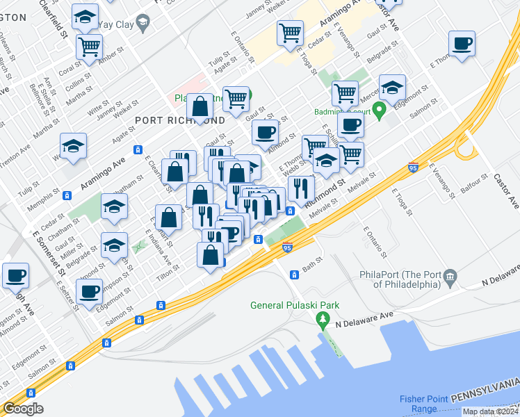 map of restaurants, bars, coffee shops, grocery stores, and more near 3228 Tilton Street in Philadelphia