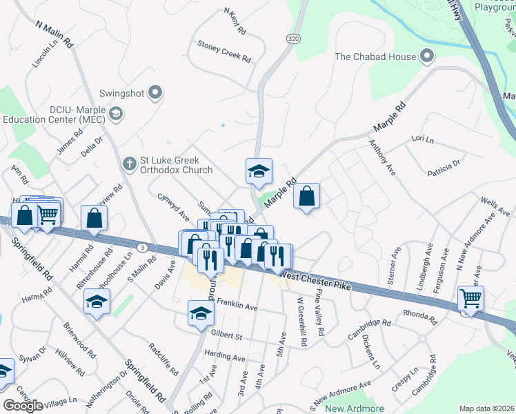 map of restaurants, bars, coffee shops, grocery stores, and more near North Sproul Road in Broomall