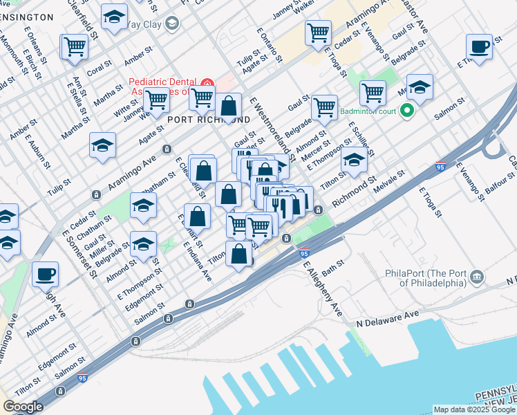 map of restaurants, bars, coffee shops, grocery stores, and more near 3189 East Thompson Street in Philadelphia