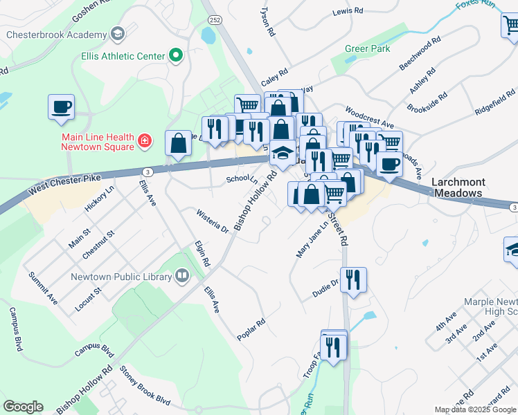 map of restaurants, bars, coffee shops, grocery stores, and more near 40 Bishop Hollow Road in Newtown Square