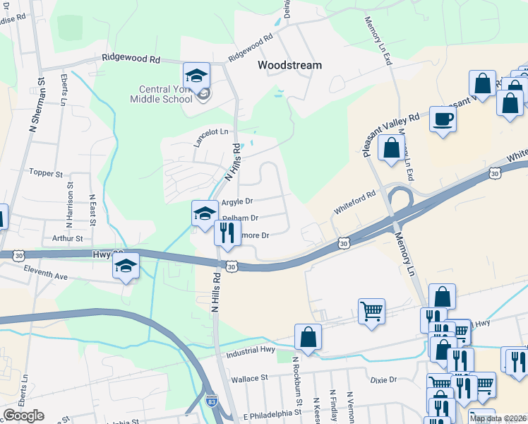 map of restaurants, bars, coffee shops, grocery stores, and more near 1764 Pelham Drive in York
