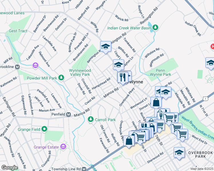 map of restaurants, bars, coffee shops, grocery stores, and more near 1455 Manoa Road in Wynnewood